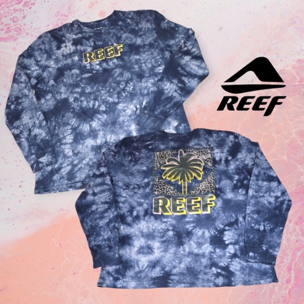 Reef Graphic T-Shirt Mens Long Sleeve Tie Dye Palm Tree Deep Blue XL FLAWS